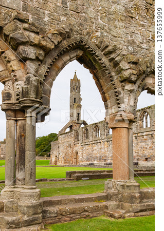 Stone arch framing St Andrews Cathedral ruins Scotland Stone arch framing St Andrews Cathedral ruins Scotland 137655999