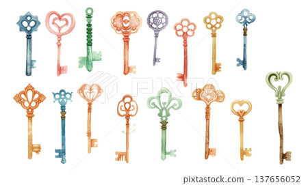 一組柔和水彩風格的鑰匙插圖。 137656052