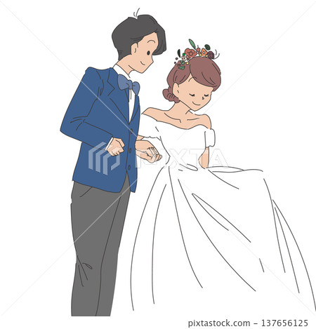 The bride and groom walk side by side, holding hands. The bride and groom walk side by side, holding hands. 137656125