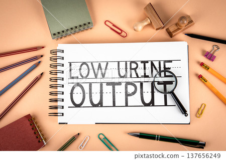 LOW URINE OUTPUT Text Notebook With Magnifier Medical Concept Flat Lay LOW URINE OUTPUT Text Notebook With Magnifier Medical Concept Flat Lay 137656249