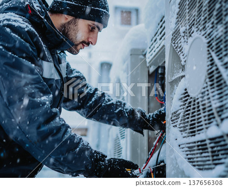 Technician works on air conditioning unit in snowy weather during winter months Technician works on air conditioning unit in snowy weather during winter months 137656308