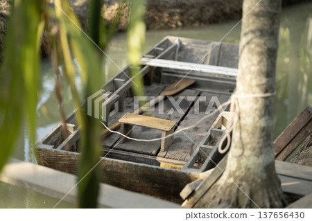 Wooden boats in a small canal in a betel nut plantation. 137656430