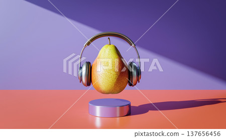 Pear wearing headphones sits on a colorful platform under soft light with vibrant background colors 137656456