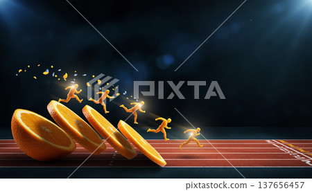 Energy sports competition with oranges and runners on a track in a creative concept space 137656457