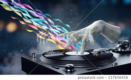 Hands control a turntable as colorful waves of sound and light flow in a music setting at night 137656458