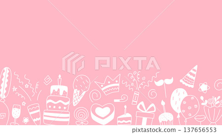Horizontal pink banner with white silhouettes of holiday attributes 137656553