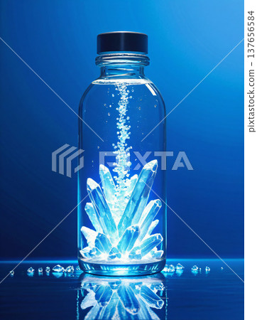“一瓶配有玫瑰金蓋子的奢華化妝品放在冰上，其潔白光滑的表面反射出耀眼的光芒。” 137656584