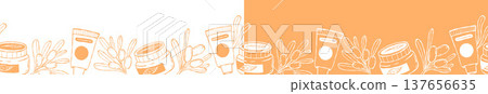 Line Art Sea Buckthorn and Cosmetics Seamless Border Set. Botanical Branch with Berries and Leaves, Beauty Jars and Tubes on Orange White Background. Isolated Vector Horizontal illustration hand-drawn Line Art Sea Buckthorn and Cosmetics Seamless Border Set. Botanical Branch with Berries and Leaves, Beauty Jars and Tubes on Orange White Background. Isolated Vector Horizontal illustration hand-drawn 137656635