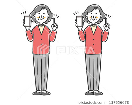 A set of full-body vector illustrations of a senior woman explaining something while holding a smartphone. A set of full-body vector illustrations of a senior woman explaining something while holding a smartphone. 137656678