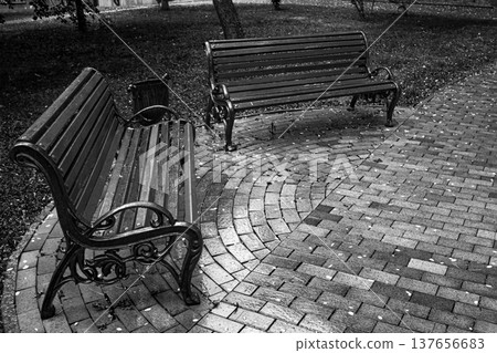 Empty Park Benches on Curved Pathway Empty Park Benches on Curved Pathway 137656683