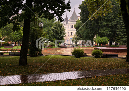 Rainy Autumn Park with Historic Building Rainy Autumn Park with Historic Building 137656690