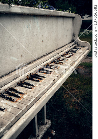 Abandoned Piano Turned into Flower Planter in Urban Park 137656692