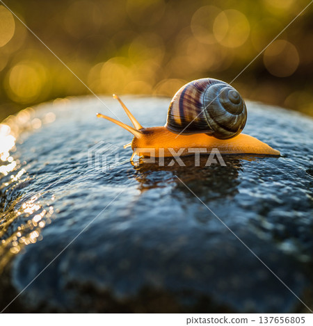 Snail moves slowly on wet stone in nature during daylight under soft sunlight 137656805