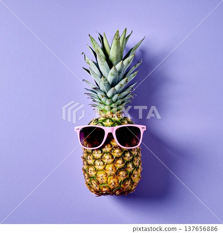 Pineapple wearing pink sunglasses against a purple background on a sunny day indoors Pineapple wearing pink sunglasses against a purple background on a sunny day indoors 137656886