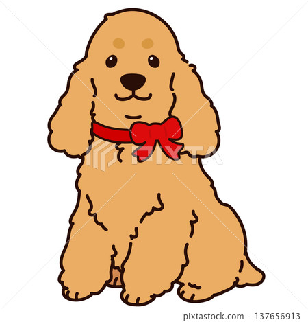 A simple and cute illustration of an English Cocker Spaniel sitting facing forward, with a red ribbon and outlines. 137656913