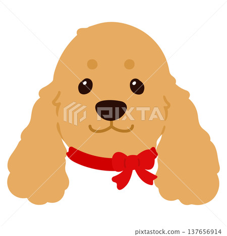 一幅簡潔可愛的英國可卡犬臉部插圖（繫著紅色絲帶）。無輪廓線。 137656914