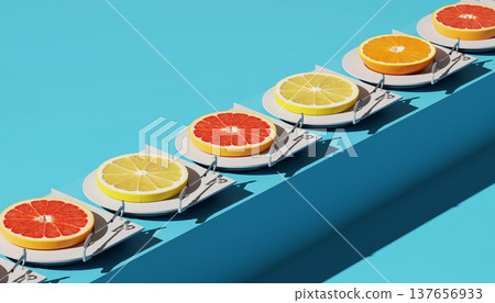 Fruit slices arranged on plates sit on a blue surface with a minimalist design during daylight in a simple kitchen setup 137656933
