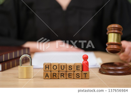 Courtroom scene reveals the gravity of house arrest with a judge's gavel and wooden blocks conveying a strong message about justice Courtroom scene reveals the gravity of house arrest with a judge's gavel and wooden blocks conveying a strong message about justice 137656984