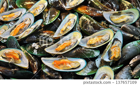 Mussels in the seafood market. Mussels in the seafood market. 137657109
