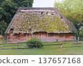 Aged wooden peasant house. Retro roof. Ancient countryside cottage. Old thatched roof is damaged and needs to be repaired. Sunny day. 137657168