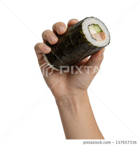 Hand Holding Large Sushi Hand Roll Temaki 137657336
