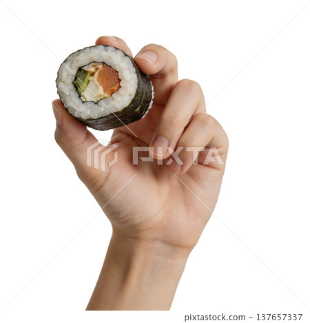 Hand Holding Large Sushi Hand Roll Temaki 137657337