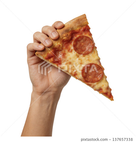 Hand Holding Pepperoni Pizza Slice Close Up 137657338