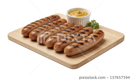 Grilled Sausages with Mustard on Wooden Board 137657394
