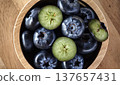 Close up Fresh blueberries healthy food in wooden bowl 137657431