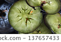Close up Fresh blueberries healthy food in wooden bowl 137657433