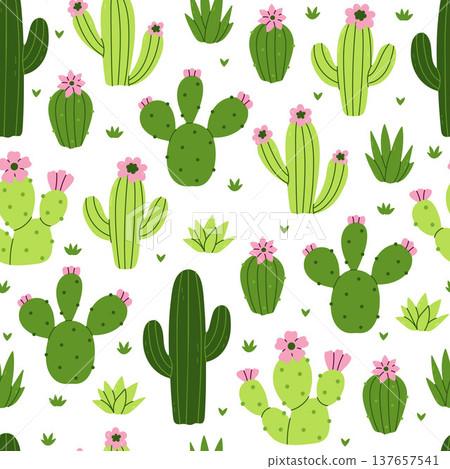 A simple seamless pattern with various cacti on a white background. Vector graphics. A simple seamless pattern with various cacti on a white background. Vector graphics. 137657541