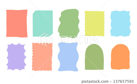 Hand drawn abstract shapes vector illustration set. Colorful pastel playful border frames with wavy, rounded, scalloped forms. Decorative curved doodle backgrounds for banner, packaging, card design 137657593