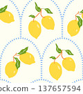 Lemons vector seamless pattern illustration. Playful vibrant yellow citrus fruits with leaves on light scallop arch background for fabrics, stationery, Italian inspired design in playful, flat style 137657594