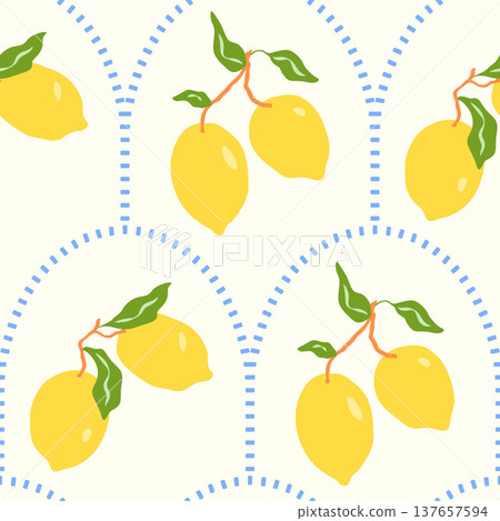 Lemons vector seamless pattern illustration. Playful vibrant yellow citrus fruits with leaves on light scallop arch background for fabrics, stationery, Italian inspired design in playful, flat style Lemons vector seamless pattern illustration. Playful vibrant yellow citrus fruits with leaves on light scallop arch background for fabrics, stationery, Italian inspired design in playful, flat style 137657594