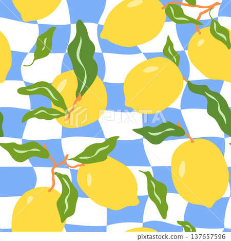 Italian summer lemons and groovy checks vector seamless pattern illustration. Fresh vibrant yellow citrus fruits with leaves on blue wavy checkered background in modern, bold, playful, flat style Italian summer lemons and groovy checks vector seamless pattern illustration. Fresh vibrant yellow citrus fruits with leaves on blue wavy checkered background in modern, bold, playful, flat style 137657596