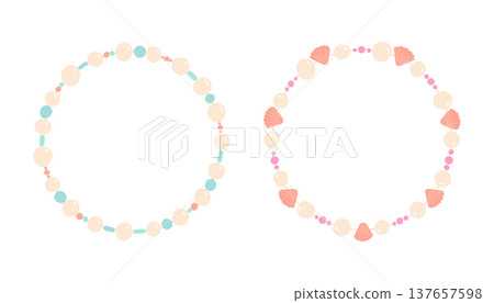 Beaded round frame vector illustration set. Pastel pearl, shell and bead borders isolated on white background. Decorative elegant feminine jewelry for card, invitation, poster in flat minimal style Beaded round frame vector illustration set. Pastel pearl, shell and bead borders isolated on white background. Decorative elegant feminine jewelry for card, invitation, poster in flat minimal style 137657598