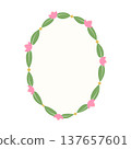 Floral oval frame vector illustration. Delicate minimalist border design with pink flowers and green leaves isolated on white background. Cute botanical template with copy space in flat style 137657601
