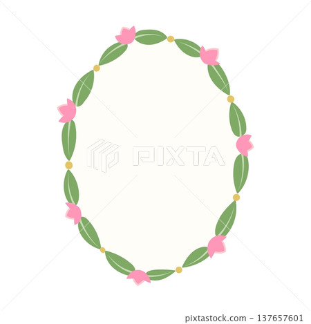 Floral oval frame vector illustration. Delicate minimalist border design with pink flowers and green leaves isolated on white background. Cute botanical template with copy space in flat style Floral oval frame vector illustration. Delicate minimalist border design with pink flowers and green leaves isolated on white background. Cute botanical template with copy space in flat style 137657601