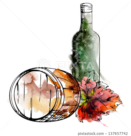 Winery still life with bottle, wooden aging barrel, grape leaf. Isolated illustration hand drawn in watercolor and ink for wine tour promotion, craft product identity, rustic decor, gourmet marketing. Winery still life with bottle, wooden aging barrel, grape leaf. Isolated illustration hand drawn in watercolor and ink for wine tour promotion, craft product identity, rustic decor, gourmet marketing. 137657742