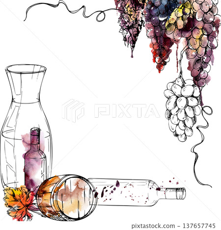 Vineyard corner frame with barrel, wine bottle, decanter and grapevine of grape bunches, leaves and tendrils, ink outline, hand painted watercolor splash. Viniculture brochures, tasting invitations 137657745