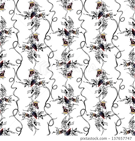 Striped seamless watercolor pattern of grapes hanging on vine twisted trunk with foliage and curled tendrils. Hand drawn in ink for gift wrap, culinary branding, brochures, organic product design Striped seamless watercolor pattern of grapes hanging on vine twisted trunk with foliage and curled tendrils. Hand drawn in ink for gift wrap, culinary branding, brochures, organic product design 137657747