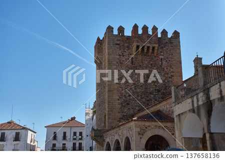 Bujaco Tower in Caceres under a clear blue sky Bujaco Tower in Caceres under a clear blue sky 137658136