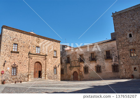 Renaissance facade of the Episcopal Palace in Plaza Santa Maria in Caceres,Spain 137658207