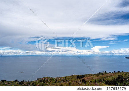 Terraced fields on Amantani Island overlooking Lake Titicaca, Peru Terraced fields on Amantani Island overlooking Lake Titicaca, Peru 137658279