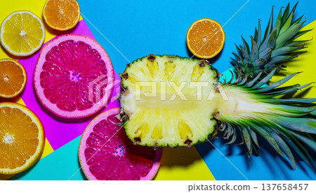 Bright colors of fresh fruits on a vibrant background with pineapple, grapefruit, orange, and lemon slices 137658457
