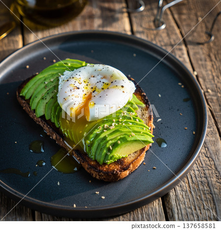 Toast with avocado and poached egg on a plate served on a wooden table during breakfast 137658581