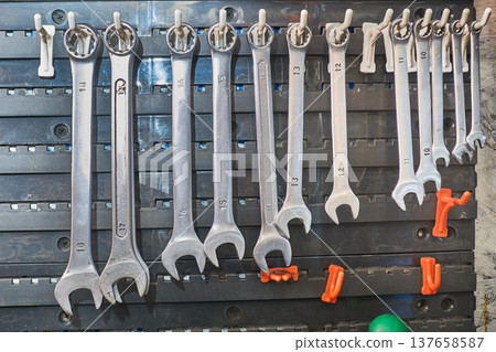 Wrenches hanging on the wall in a repair shop 137658587