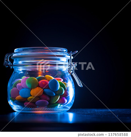 Colorful jar filled with candy displayed on a dark surface in a well-lit setting 137658588