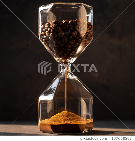 Close-up view of glass hourglass with coffee beans on the top and ground coffee in the bottom in a dark setting Close-up view of glass hourglass with coffee beans on the top and ground coffee in the bottom in a dark setting 137658592