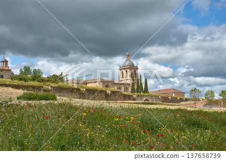 Cityscape of Ciudad Rodrigo highlighting its Gothic cathedral and walled enclosure under a blue sky Cityscape of Ciudad Rodrigo highlighting its Gothic cathedral and walled enclosure under a blue sky 137658739